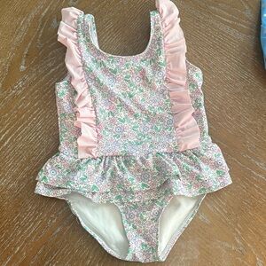Stitchy Fish Pastel Floral One-Piece with Pink Ruffle